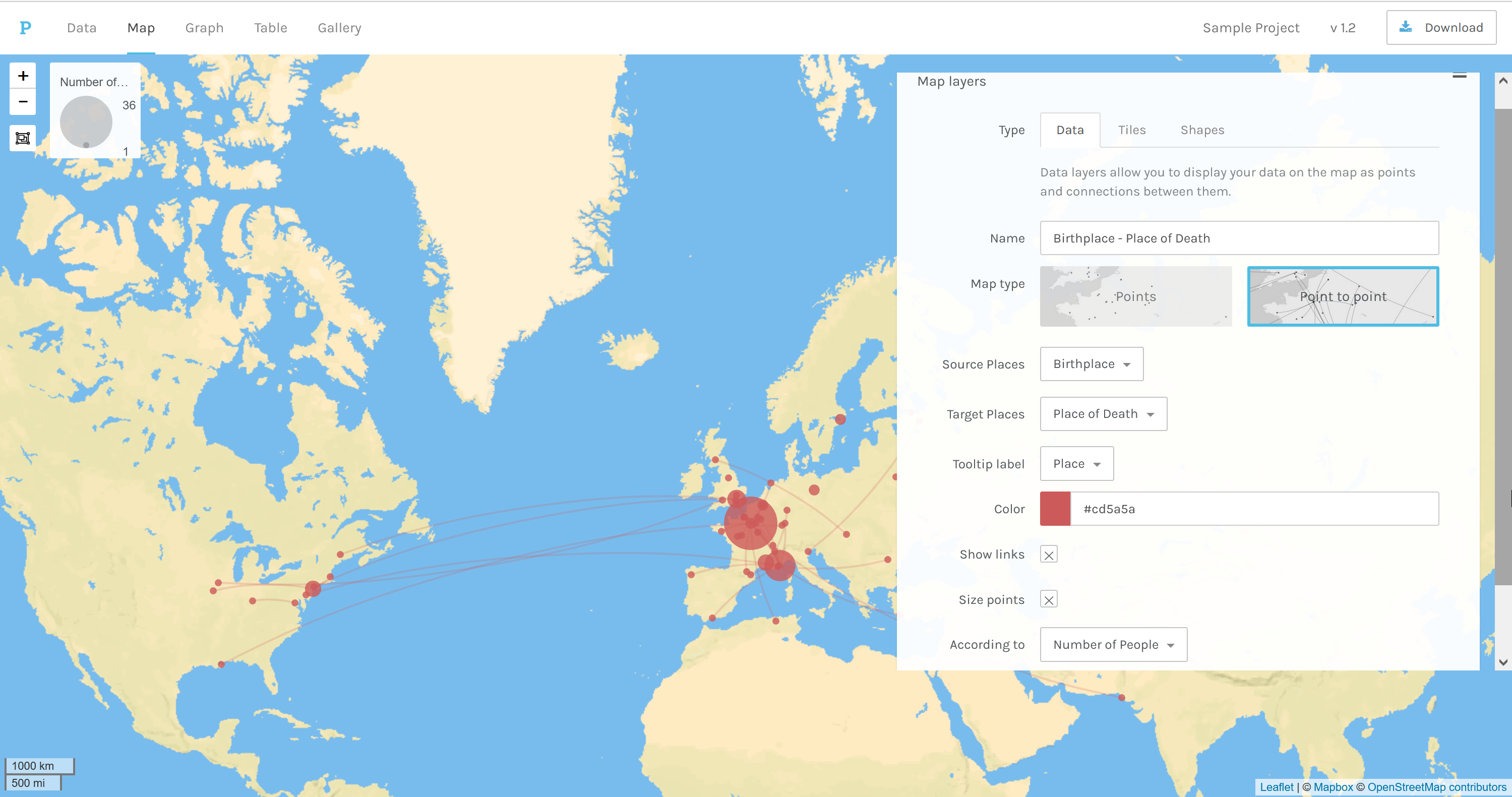 Digital Humanities Tool pick 3: Palladio map view showing cities connected based on people's place of birth and place of death.